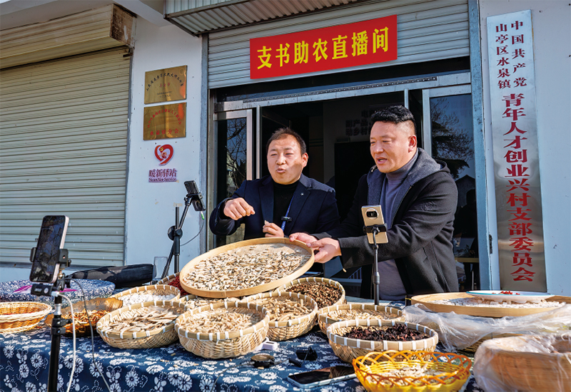 近年来，各地加强干部实践锻炼，组织党员干部在急难险重一线担当作为，提高推动高质量发展和服务群众本领。图为2025年12月29日，在山东省枣庄市“支书助农直播间”活动中，党支部书记直播销售当地土特产品，助力乡村振兴。